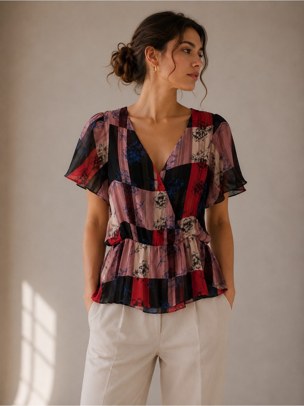 BCBGeneration Floral Patchwork Multi-color V-Neck Peplum Flutter Sleeve Top Sz L